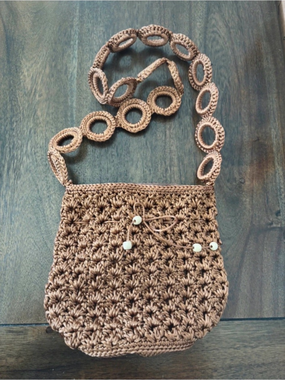 Brown Crochet Shoulder Bag with Decorative Ring Strap